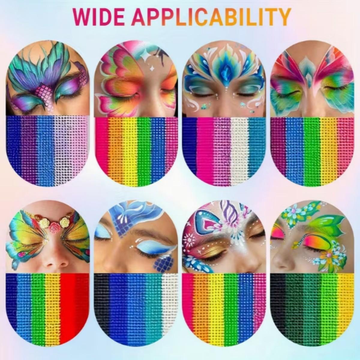 Face & Body Paint Palette Set with 1 Brush, Rainbow Gradient Pigment, Cosmetic Paint, Halloween Makeup Kit, Water-based Temporary Body Paint, Ideal for Halloween, Cosplay Parties, Art and Stage Makeup
