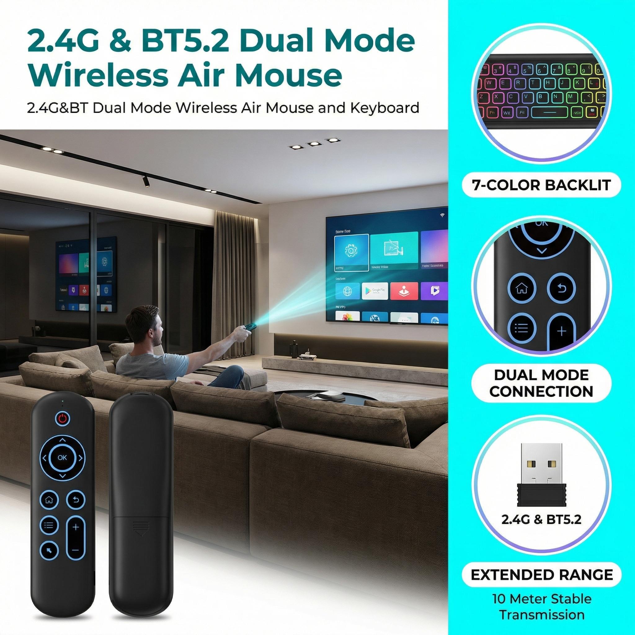 Mini Bluetooth Wireless Keyboard Remote,2.4G, 6-Axis Gyroscope, with Backlit, USB Charging for Smart TVs Stick 4k, Android TV Box, TV Stick Streaming Player, PC,Projector,Air Mouse Mini Wireless Keyboard