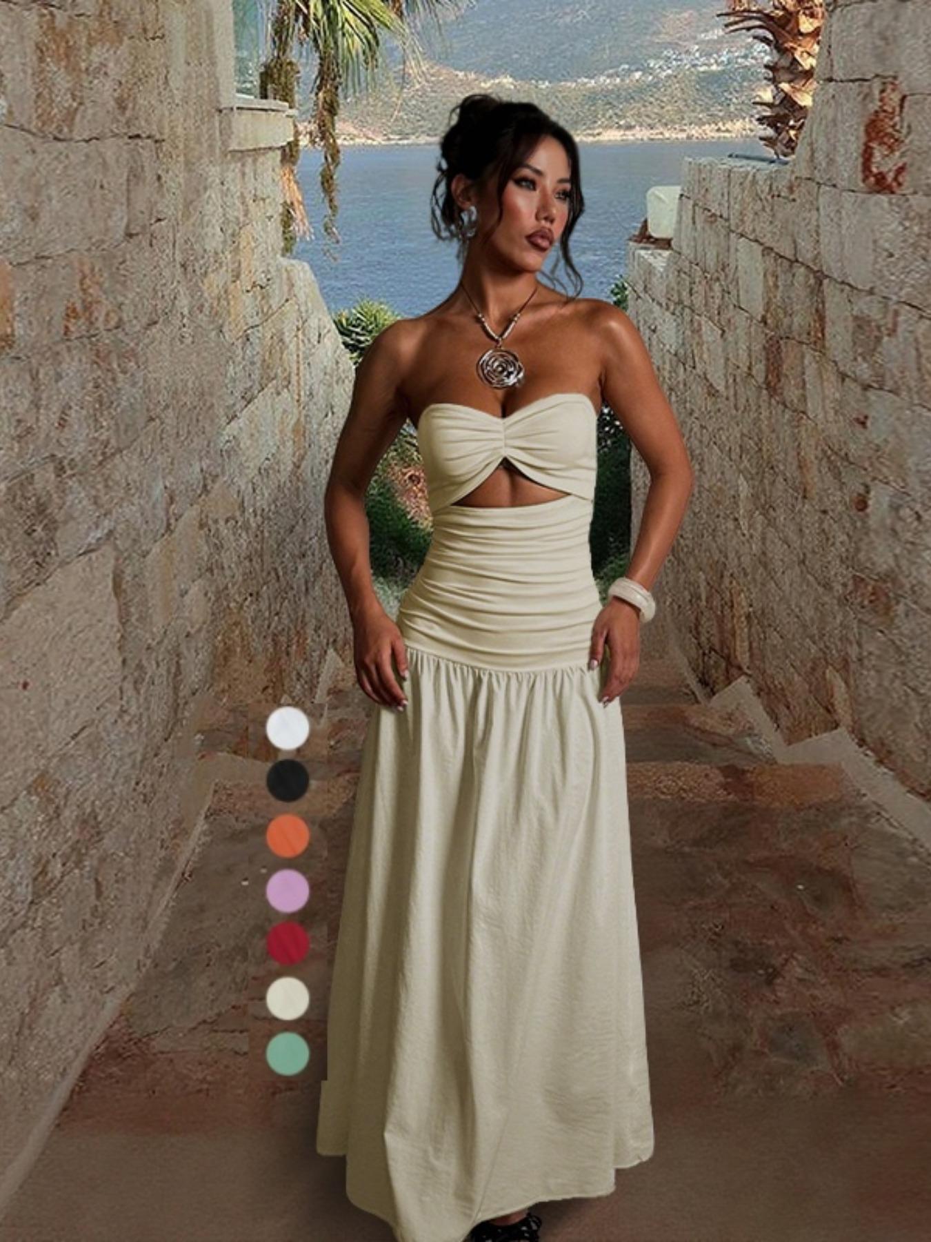 Women's Sleeveless Hollow Out Fitted A-Line Dress, Two Fabric Patchwork Design, Micro-Transparent Material, Beachwear Casual Wear Long Skirt Yj24627pfo