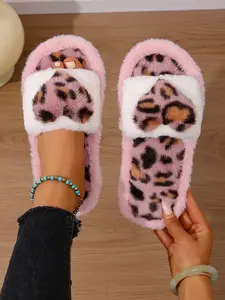 Women's Heart Embroidered Plush Slipper, Soft Fleece Lined Bedroom Slippers, Wide Strap Cute Warm Winter Fall Shoes Gift