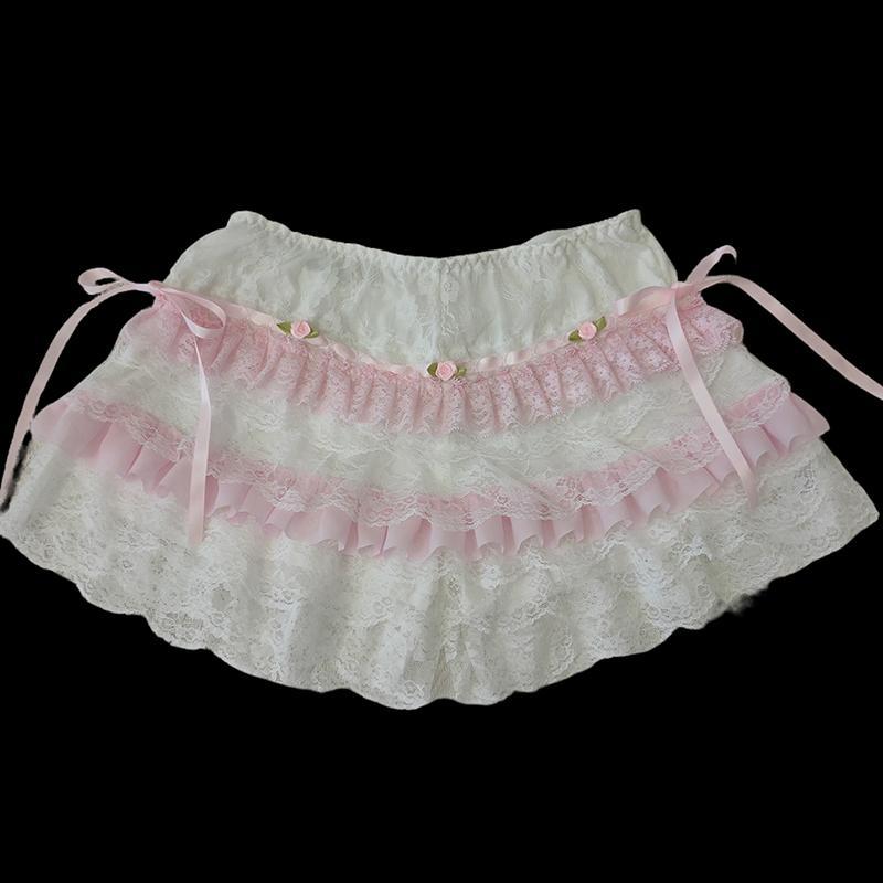 Multilayer Lace Shorts Women Lolita Ribbons Flower Ruffles Elastic Waist Cute Bottoming Shorts for Sweet Girls Kawaii Clothes