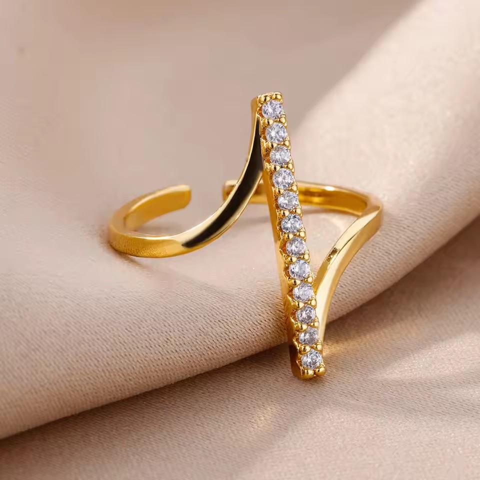 Gold Plated V-Shaped CZ Open Ring for Women - Dainty Pave Cubic Zirconia Adjustable Statement Ring, Fashion Stackable Jewelry