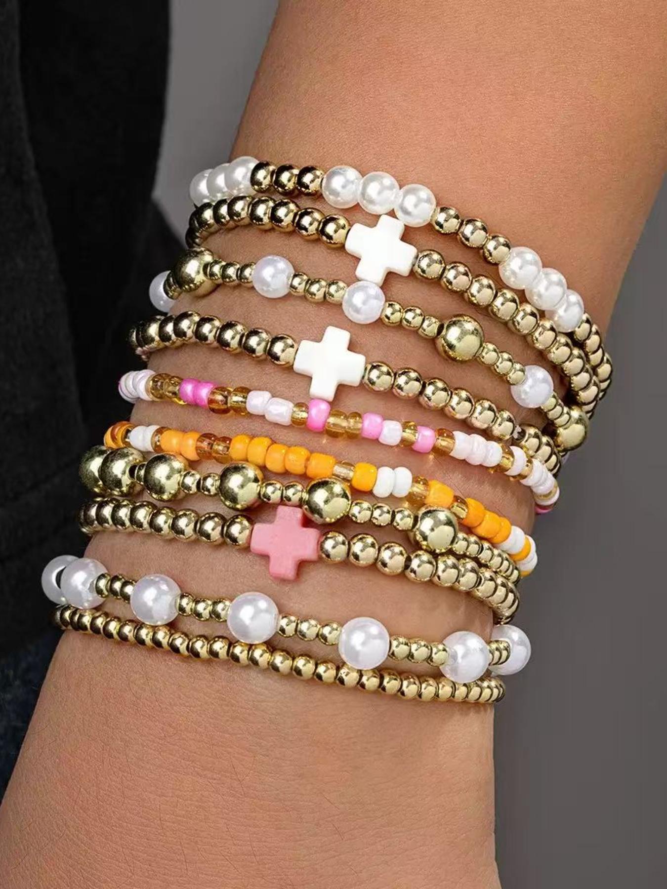 Boho Stackable Beaded Bracelets for Women, Gold Pearl Elastic Bracelet Set, Summer Beach Bohemian Jewelry, Colorful Cross Charm Wrist Bracelets, Daily Wear Gift for Her