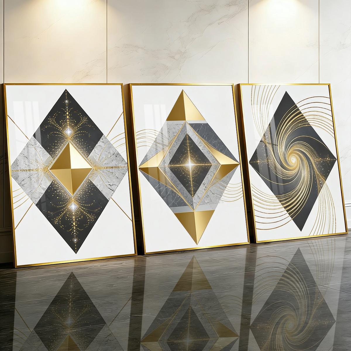 3 Counts Aluminum Alloy Framed Painting, Geometric Gold And Marble Abstract Art Pictures, Home Decoration For Living Room, Bedroom, Office, Restaurant, Hallway Wall Decor, Odorless Print Artwork, Luxury Perfect Gift For Friends And Family
