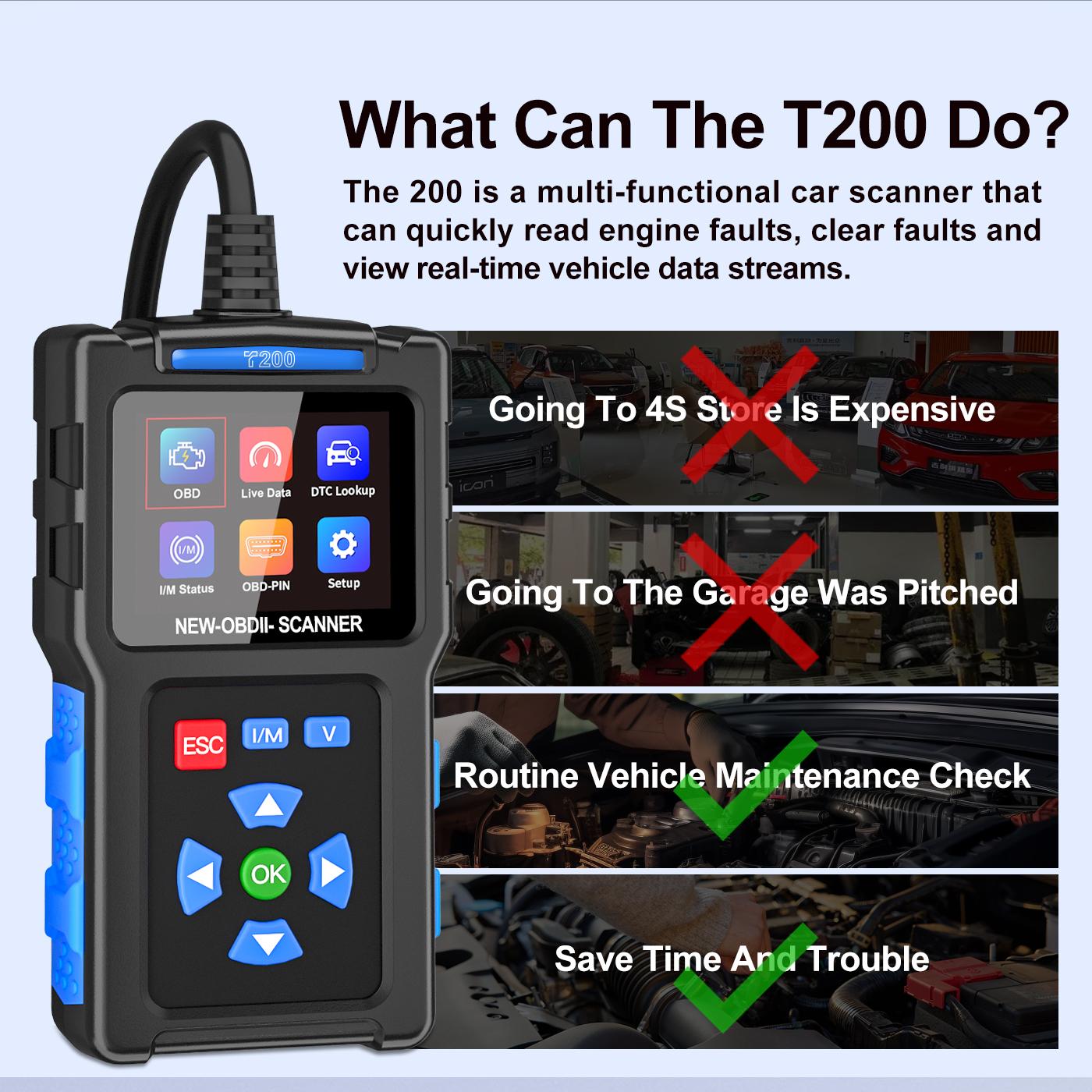 2025 New Powerful OBD T200 Scanner Diagnostic Tool - Engine Code Reader, Full 0BD2 Function, Reset, Mode 6 & 8, OBDI/EOBD Vehicles