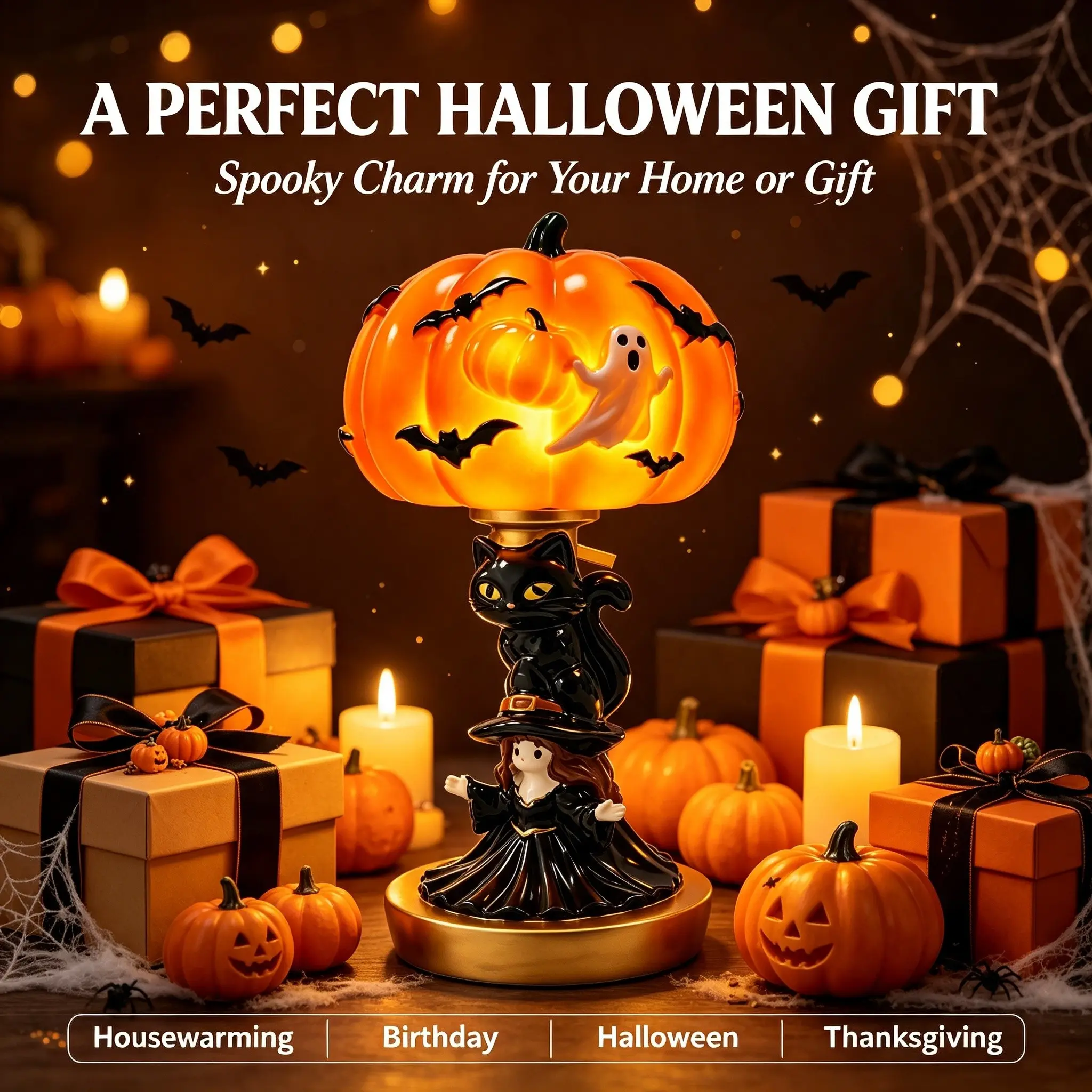 Halloween pumpkin ghost style table lamp, USB vintage painted desktop night light, witch base atmosphere statue lamp, bedroom living room party home holiday gift, suitable for Halloween use