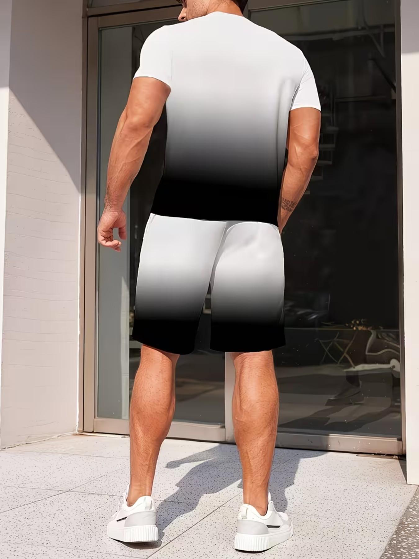 Men's Summer Casual Sports Set, Striped Print Short Sleeve T-Shirt and Pocket Shorts, Gradient Blue to