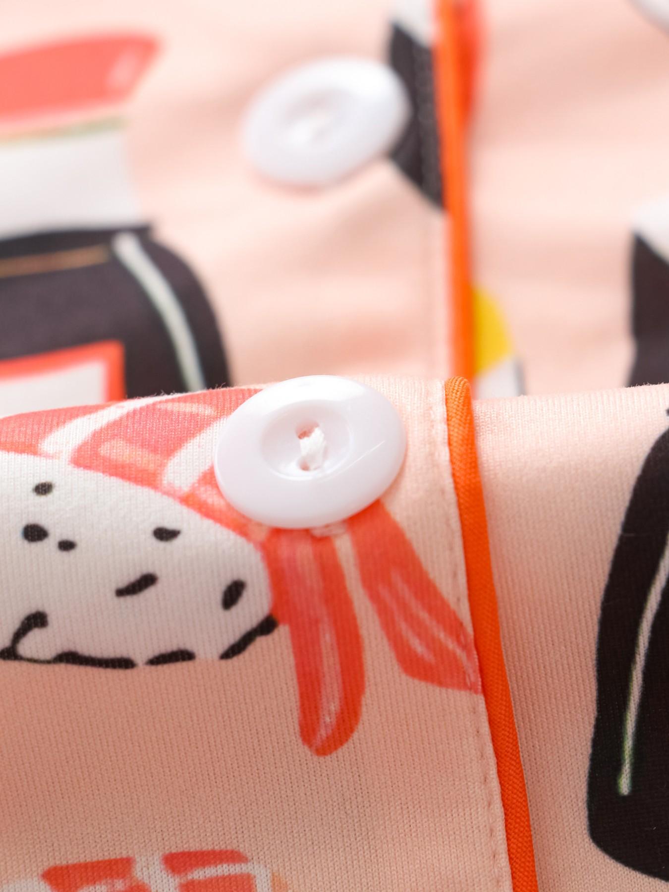 Women's Sushi Full Print Pajama Set, Collared Button Short Sleeve Top and Loose Comfortable Shorts, Fun Sweet Sleepwear Set