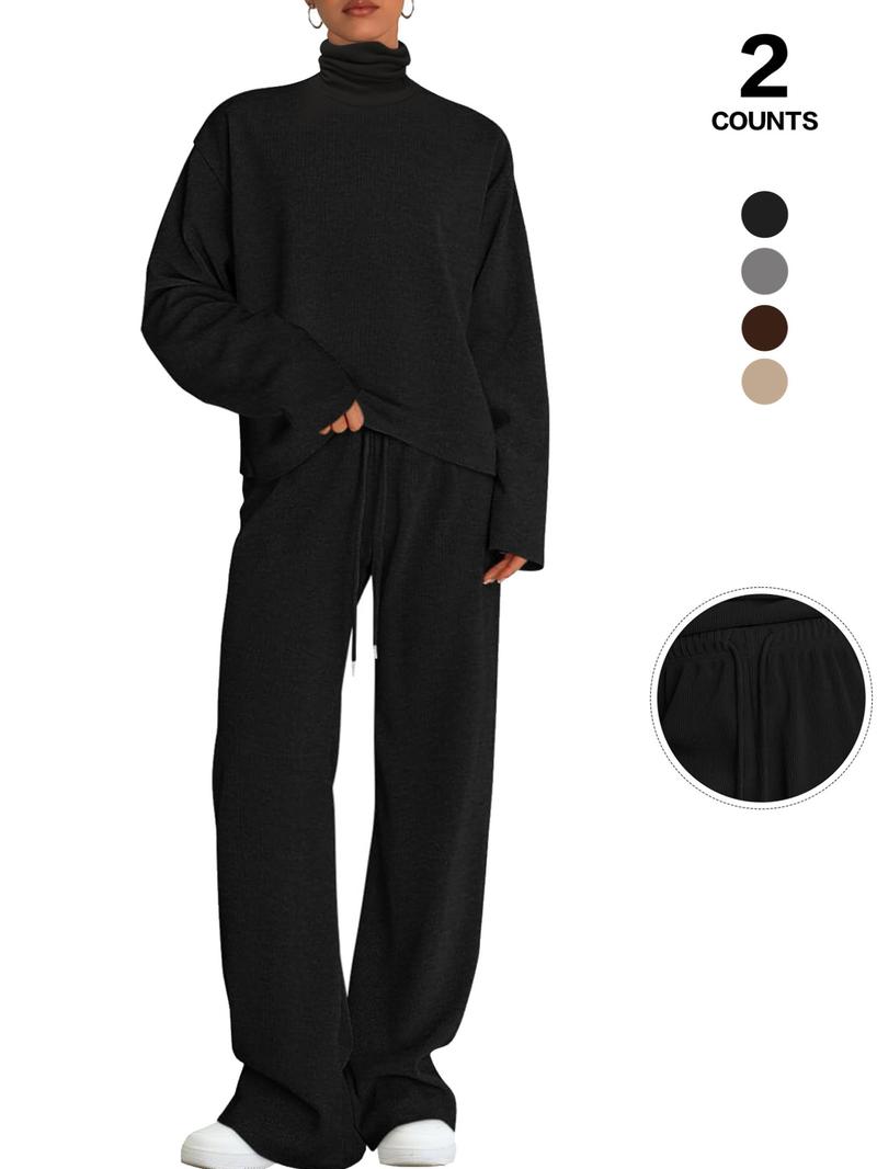 Women's 2 Piece Set Outfits Lounge Sets Ruched Short Sleeve Tops High Waisted Wide Leg Pants Tracksuit Sets, Elegant and casual high-round-neck long-sleeved basic two-piece set Casual Loungewear Set