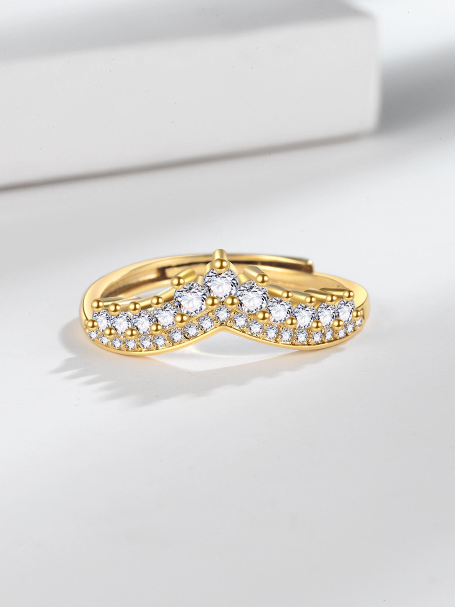 Artificial Zircon Ring, Luxurious V-Shape Wishbone Princess Crown Couple Engagement Ring, Perfect Wedding Gift for Her