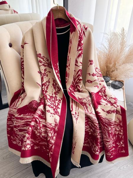 Women's Floral-Pattern Fringe-Trim Shawl, Imitation Cashmere Warm Scarf, Soft Thick Double-Sided Scarf for Fall and Winter, Fashion Accessory for Daily Wear, Great Gift for Girlfriend