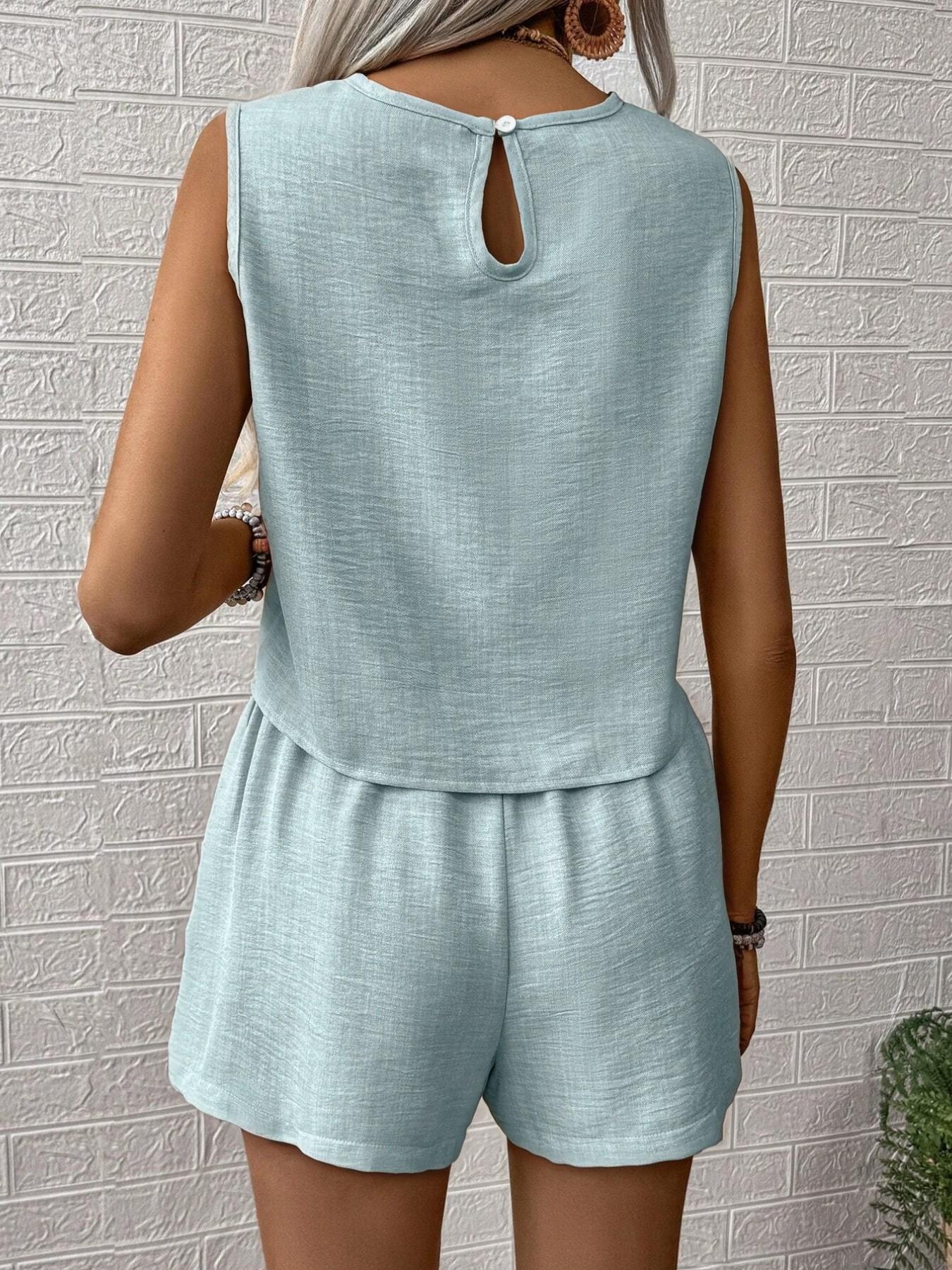 Women's Solid Color Top & Shorts Two-piece Set, Casual Sleeveless Loose Top & Wide Leg Shorts for Everyday Wear, Ladies Two-piece Outfits for All Seasons, Womenswear
