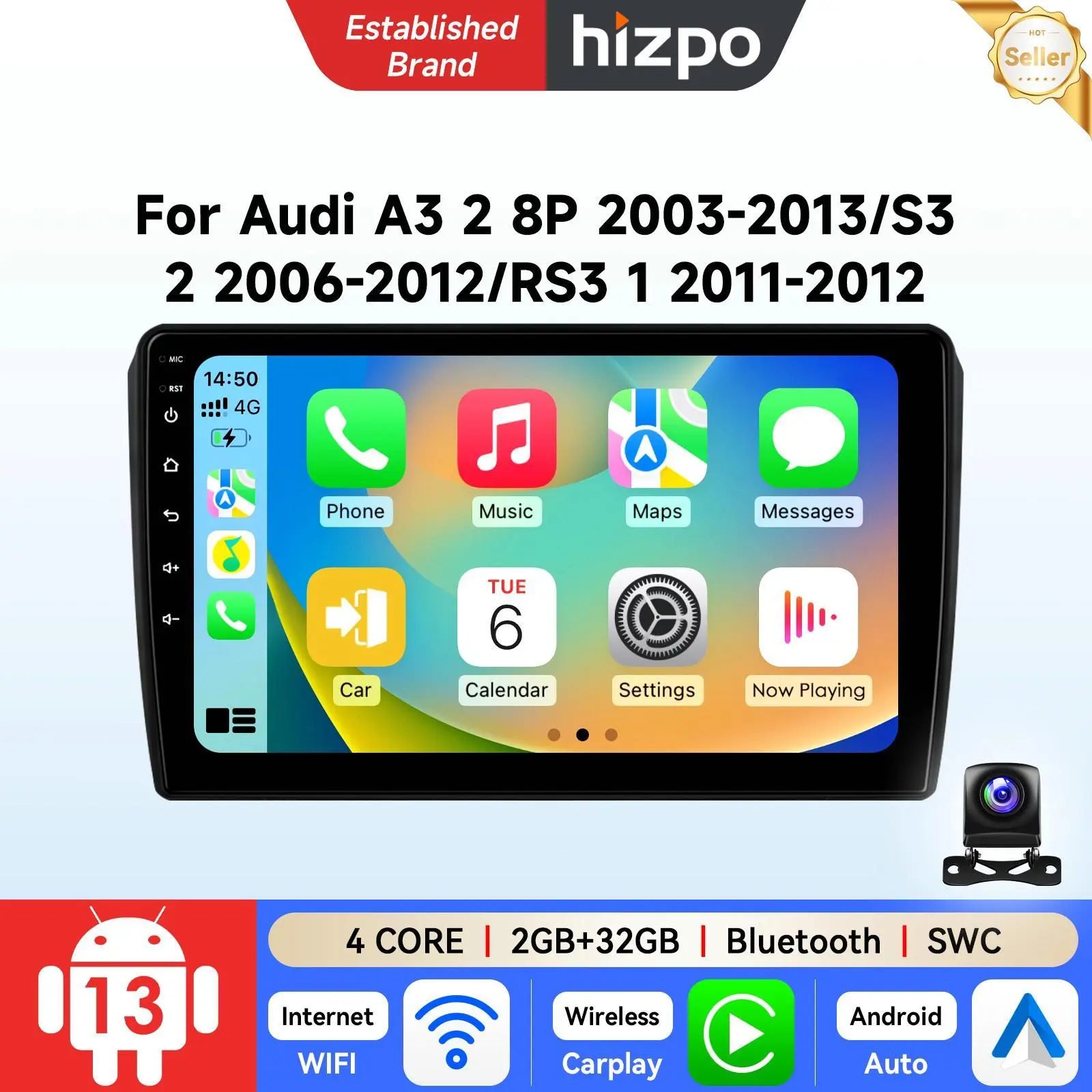 Hizpo Android 13 Touchscreen Car Radio for Audi A3 8P/S3/RS3 Sportback 2003-2011, P2CP (2GB+32GB), GPS Nav, Wireless CarPlay, Android Auto, AHD C6, Steering Control Support