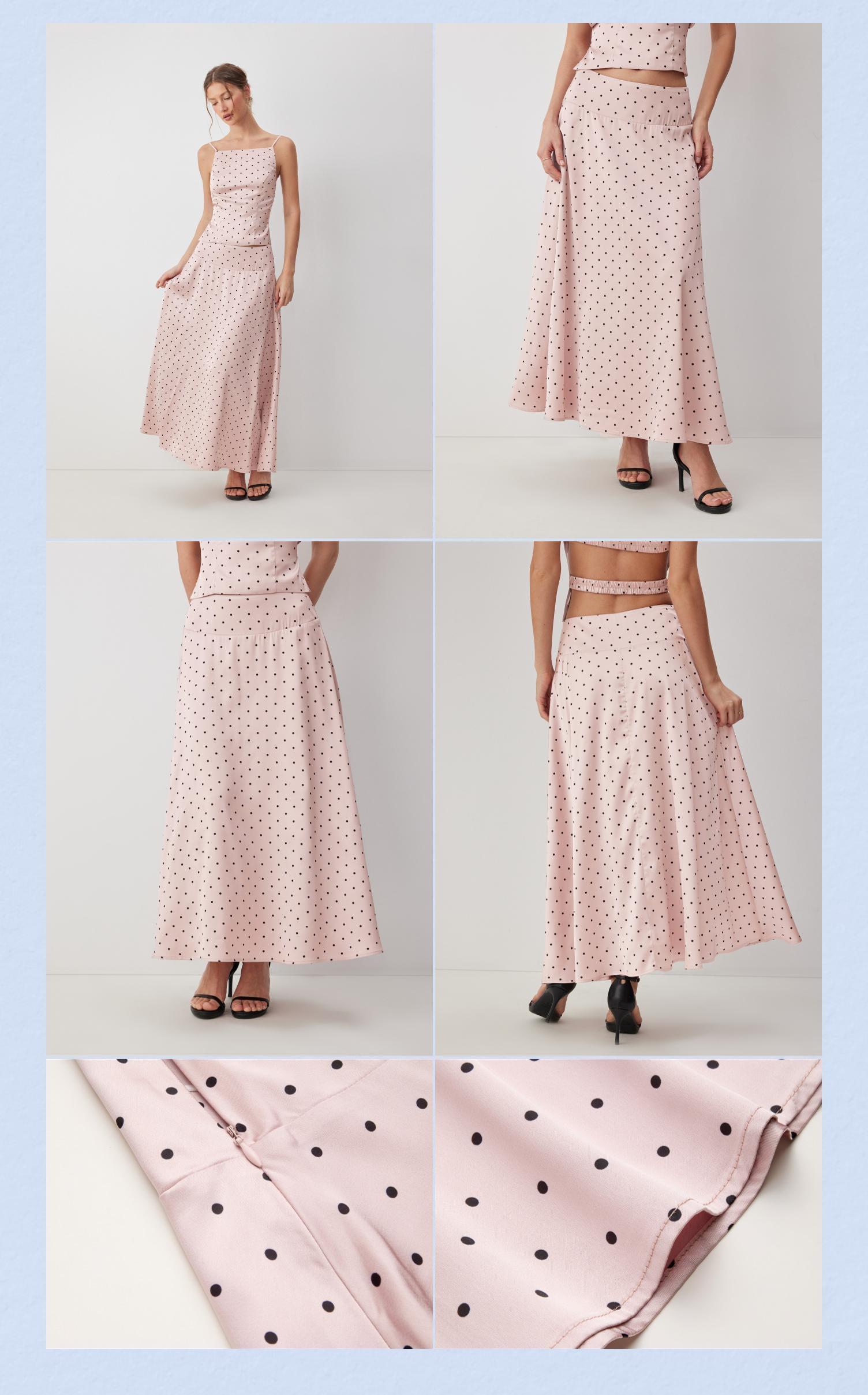 Cider Satin Mid Rise Polka Dot Flared Maxi Skirt