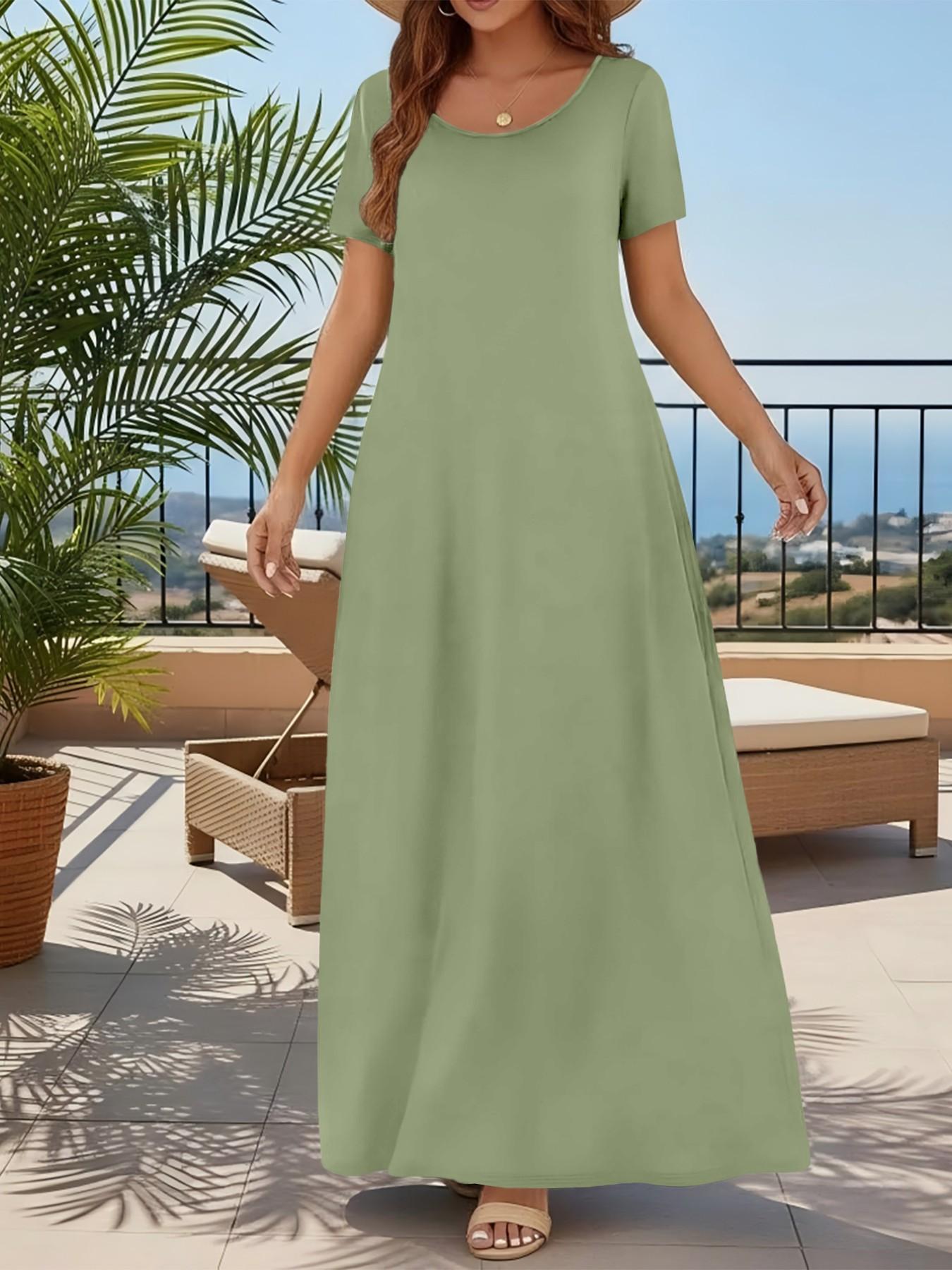 Women's Casual Commuter Plain Minimalist Short Sleeve Dress with Pockets, Loose Fit Summer & Fall, Essential Beachwear Women's Casual Commuter Plain Minimalist Short Sleeve Dress with Pockets, Loose Fit Summer & Fall, Essential Beachwear