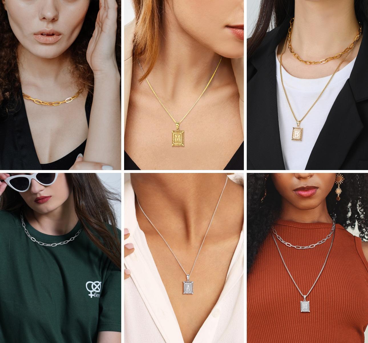FindChic Initial Tag Necklace A-Z 26 Letters Name Pendant Necklace Double Chain Set Stainless Steel Chain Stack Vintage Chain Unisex for Women Men