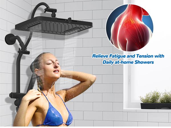 Hibbent Upgraded cUPC Certified 5-spray 13'' Shower Head for Easy Reach, High Pressure Rainfall Showerhead Combo with 10-mode Handheld Spray, 12'' Extension Arm, 4-way Diverter, 71'' Hose, Showerhead Holder, Black