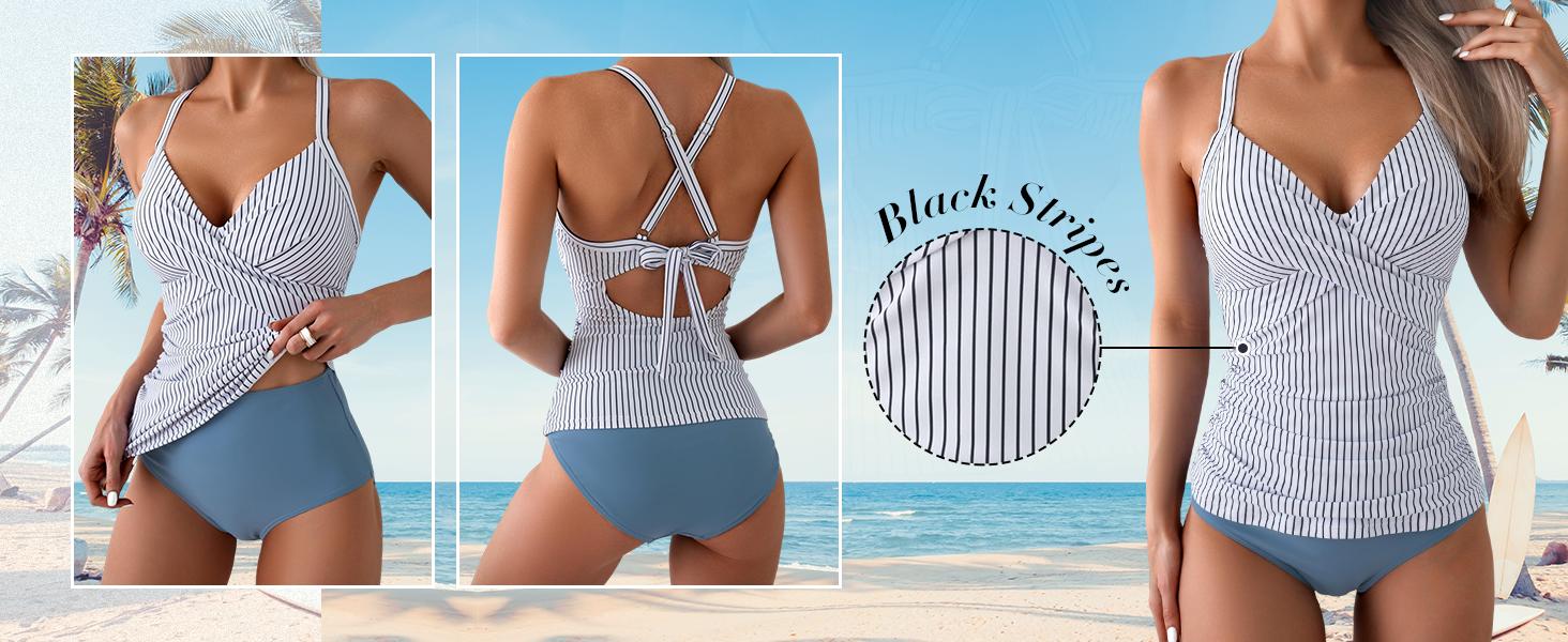 B2prity Women's Ruched Tankini Swimsuits V Neck Wrap Tie Back Two Pieces Bathing Suit Tummy Control Swimwear Deals for You Days