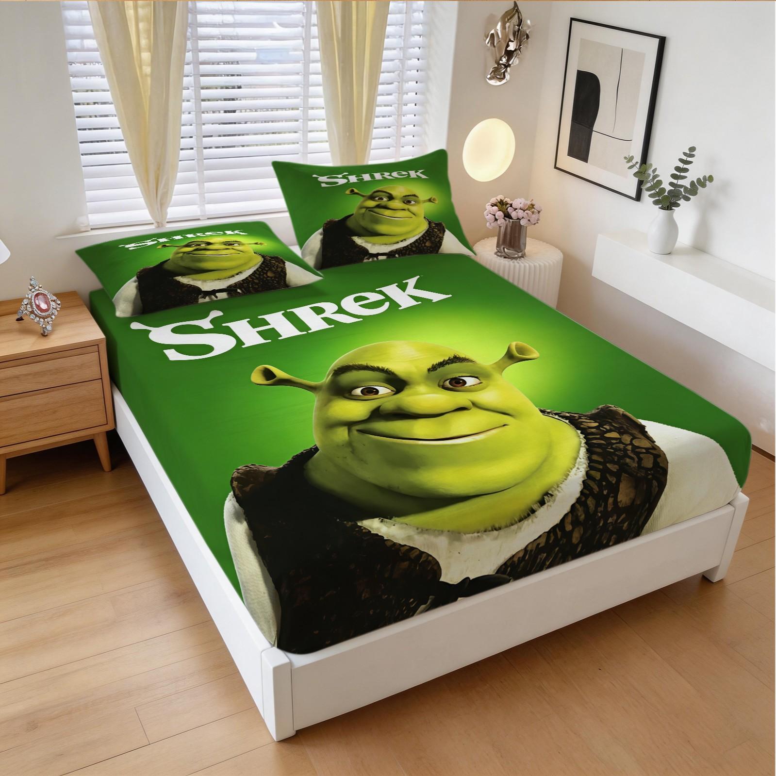 3-Piece Shrek Pattern Fitted Sheet Set, Soft And Durable Bedding Set Including 1 Flat Sheet And 2 Pillowcases, Daily Holiday Birthday Gift Bedroom Decorations For Kids And Adults