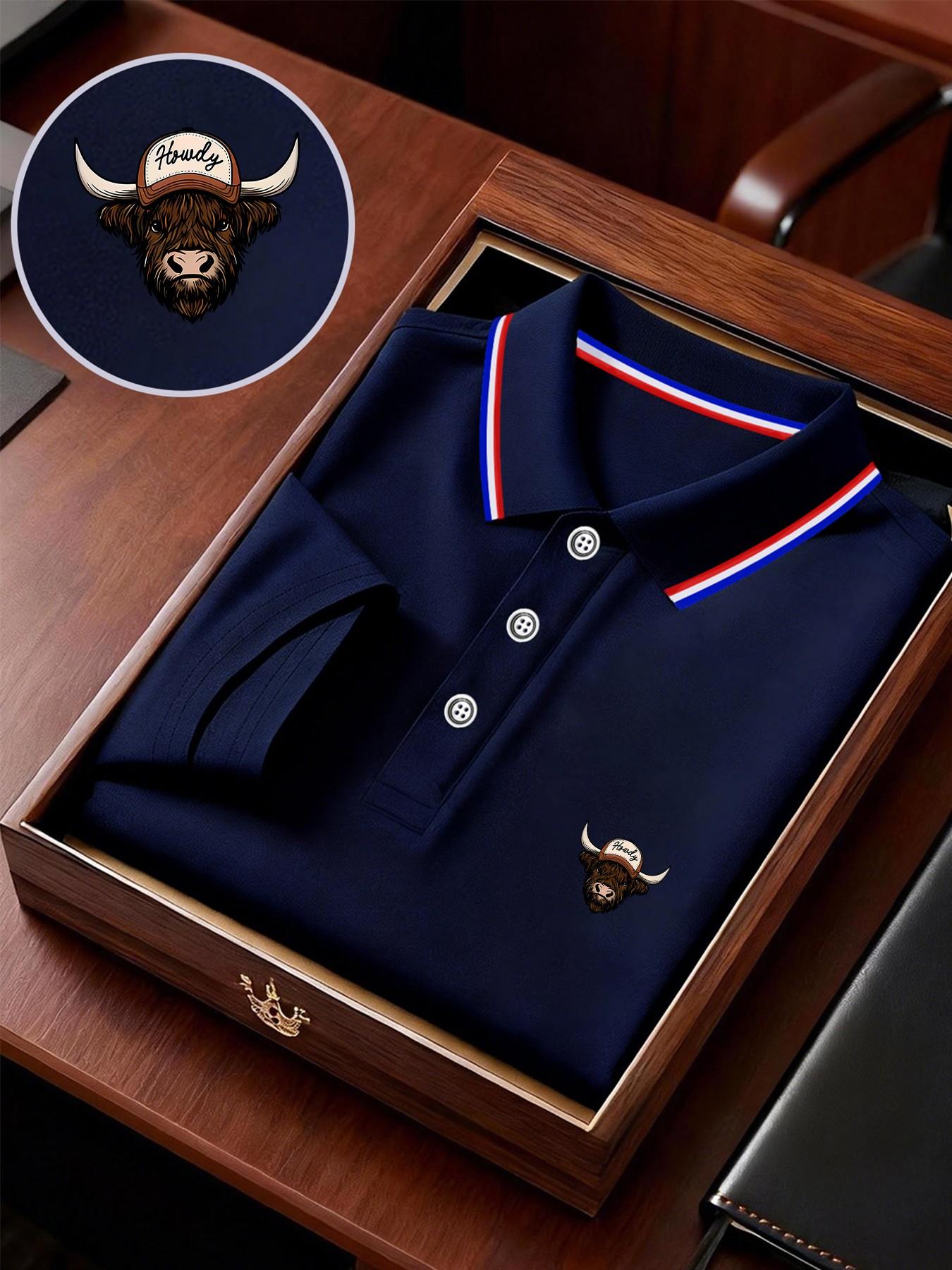 Men's Geometric Print Polo Shirt, Loose-Fit Short Sleeve, Breathable Elastic Fabric, Casual Business Tee, Spring Summer Outdoor Wear