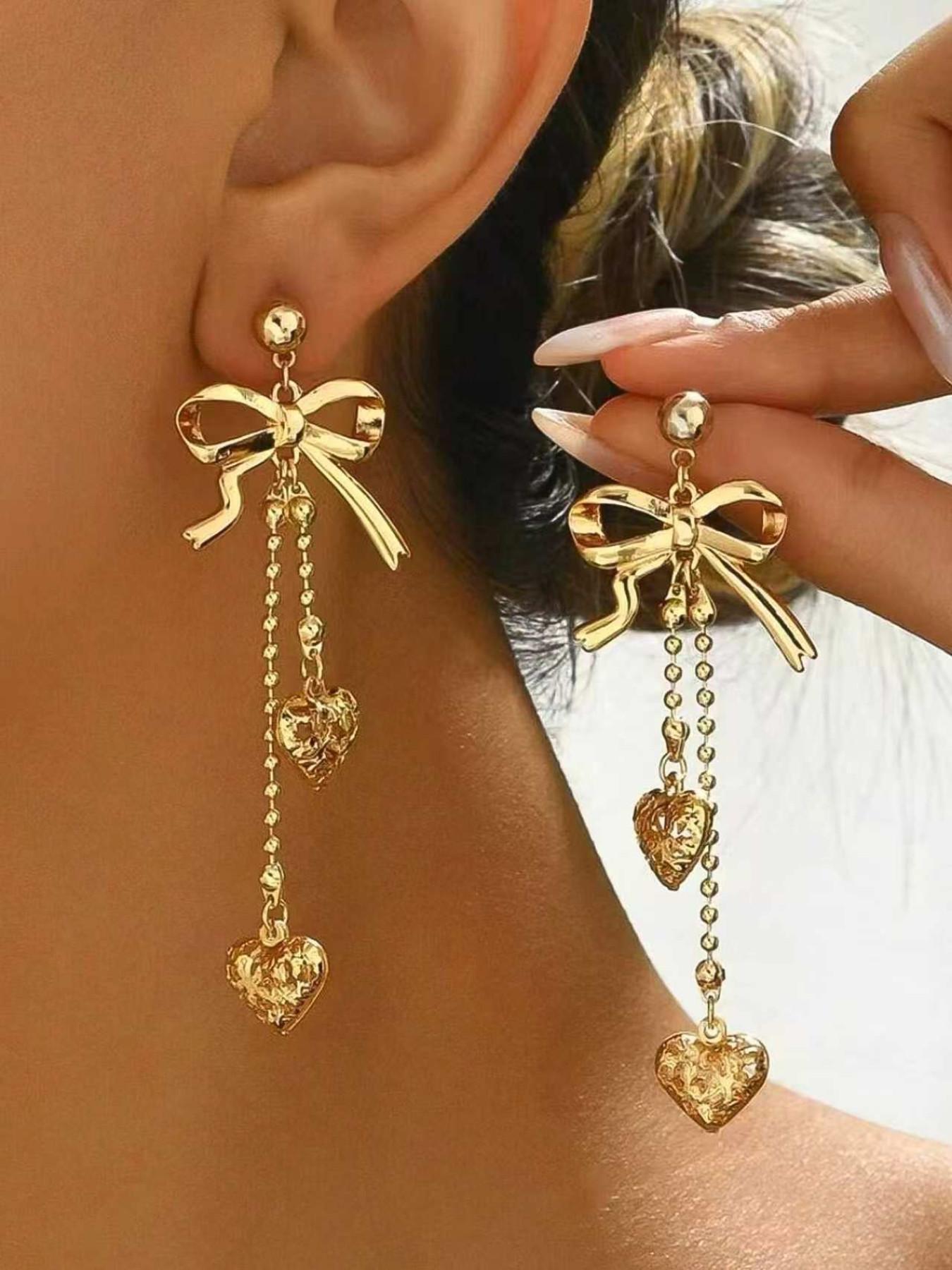 Elegant Bow Earrings, Hollow Metal Heart Pendant, Star Moon Design, Classic Women's Jewelry, Perfect for All Seasons