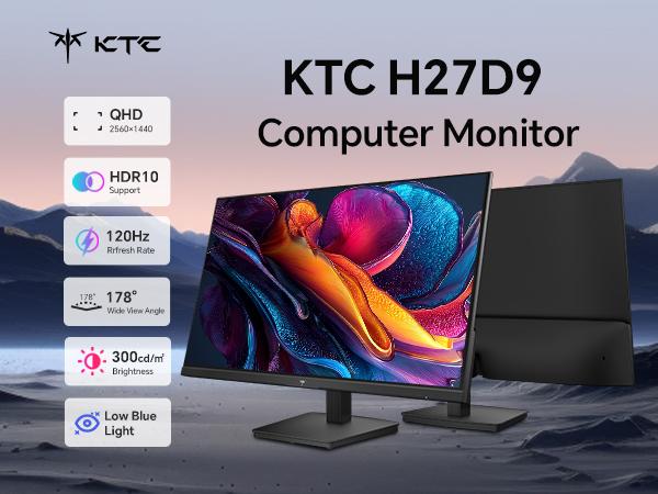 KTC 27 Inch 2K QHD 100Hz IPS Panel Computer Monitor, Overclocked to 120Hz PC Monitor, 2K 2560*1440P PC Gaming Monitor for Home Office, Adaptive-Sync Support, HDR10, Tilt Adjustable, H27D9