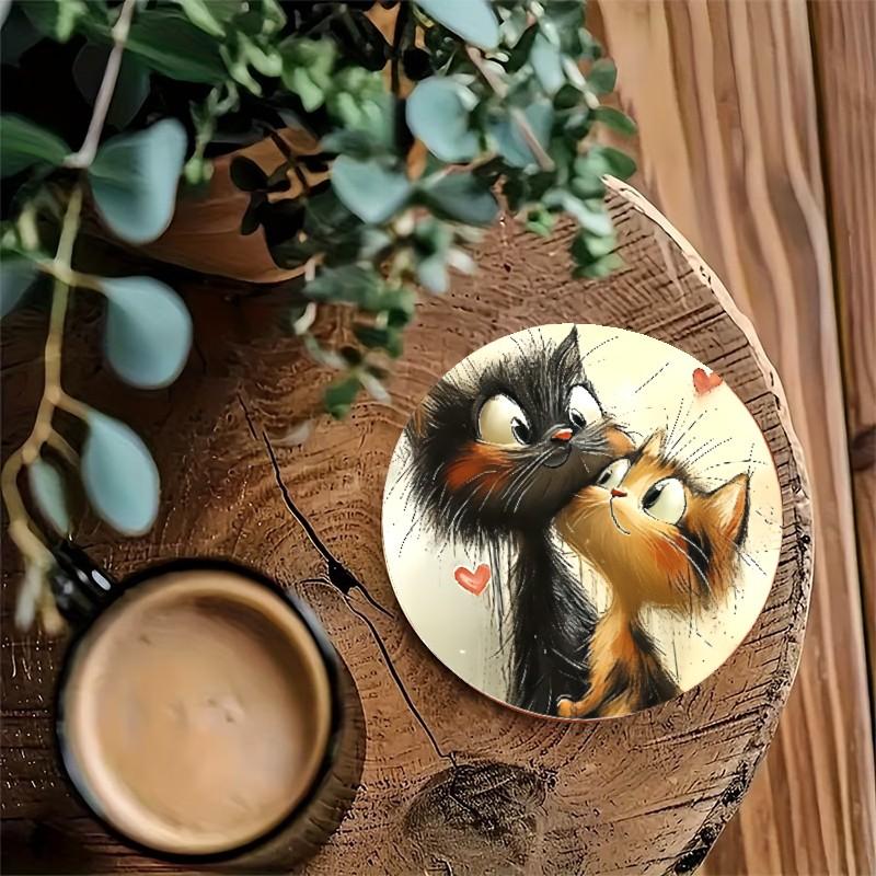 ☕ Cute Cat Wood Coasters Set of 6 - Aesthetic Couple Design for Coffee Lovers - Heat Insulation Pad for Kitchen Counter Tea Party - Rustic Home Decor Accessories