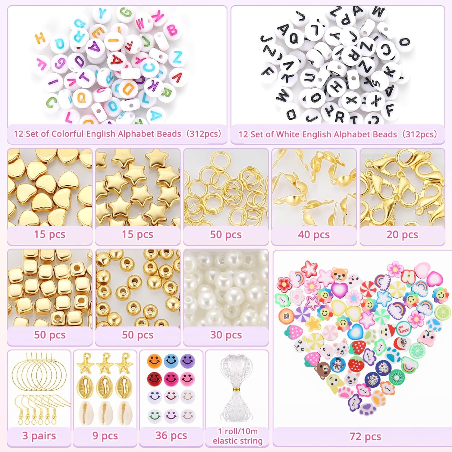 5800 Counts FUNTOPIA bead set, 6mm Heishi beads for bracelets with 624 Counts 24 set A - Z letter beads, 72 Counts polymer clay beads, 320 Counts  charms kit for rings necklaces gift (5800+Counts)