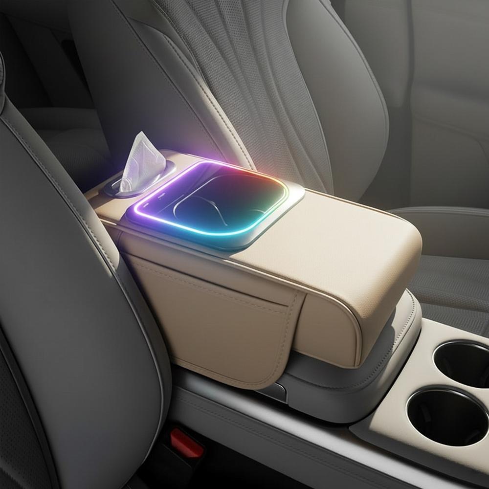 Car Multi-Functional Handrest Storage Cushion, Fast Charging Type C & Type a Dual Ports, Music Sync RGB Ambient Light, Easy Install, Car Armrest Box Accessories,  Car Console Organizer