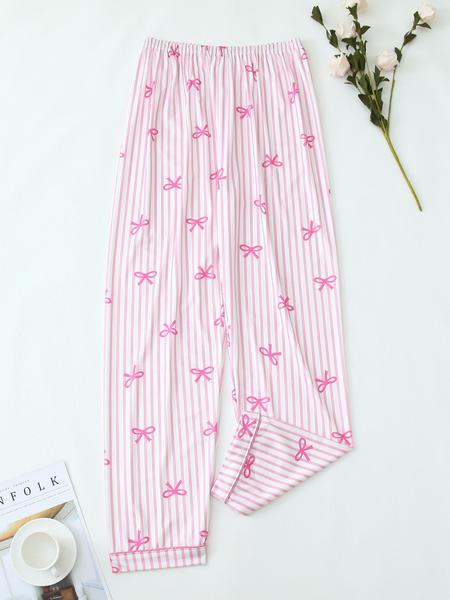 【Valentine Pajamas】Two-Piece Set Women's All Over Bow Print Button Front Shirt & Pants Pyjama, Casual Comfy Long Sleeve Lapel Neck Top & Trousers PJ Set, Women's Sleepwear for Spring & Fall