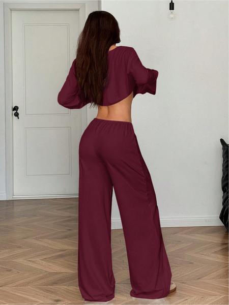 Women's 2 Piece Matching Lounge Set Off The Shoulder Long Sleeve Top and Drawstring Wide Leg Pants Casual Sweatsuit