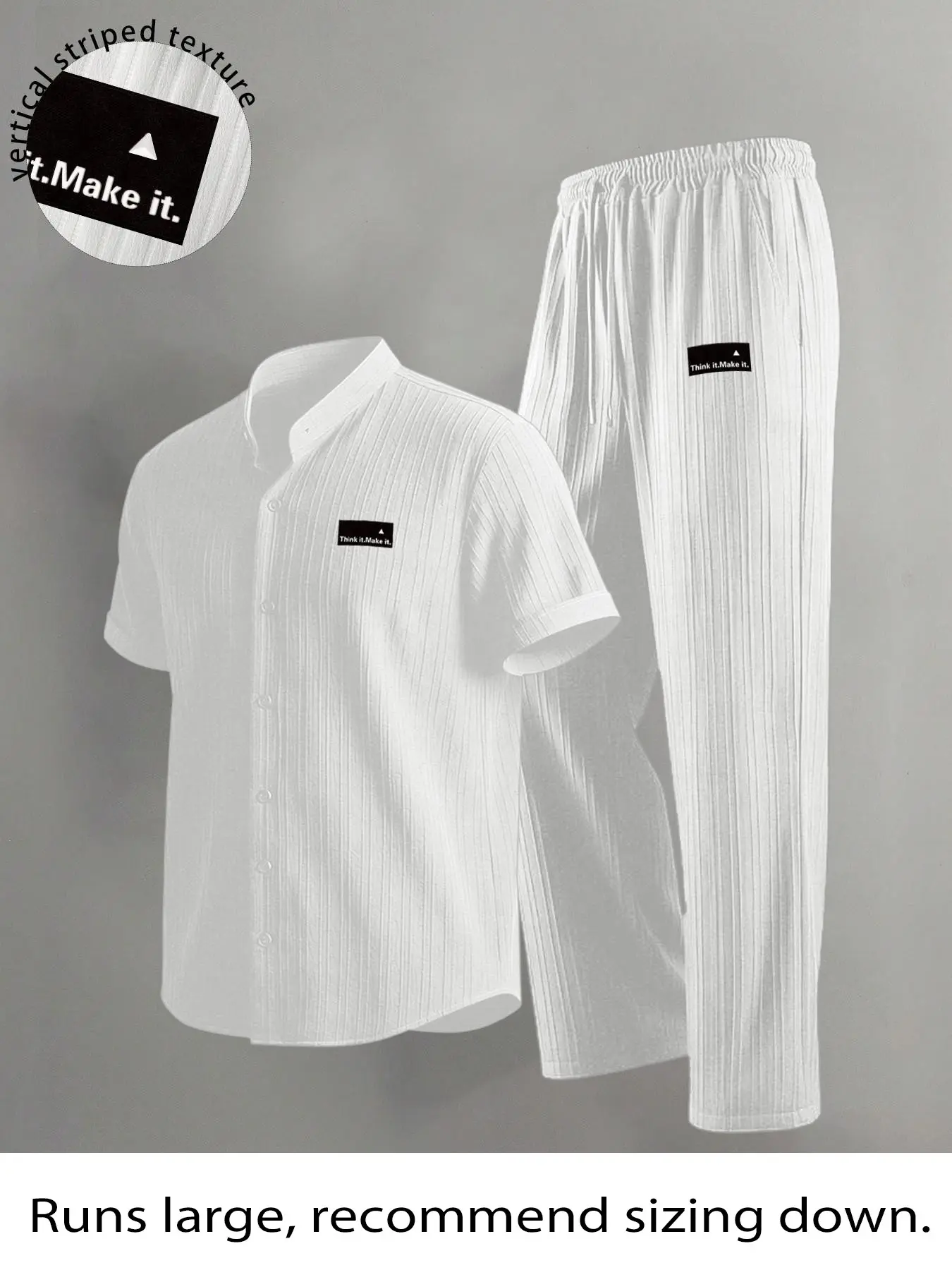 2-Piece Ribbed Texture Men's Sleepwear & Loungewear Collared Pajamas Set | Lightweight Skin-Friendly Mandarin Collar Top with Logo Patch & Elastic Waist Pants | Versatile Outfit for Sleeping, Lounging, and Casual At-Home Days