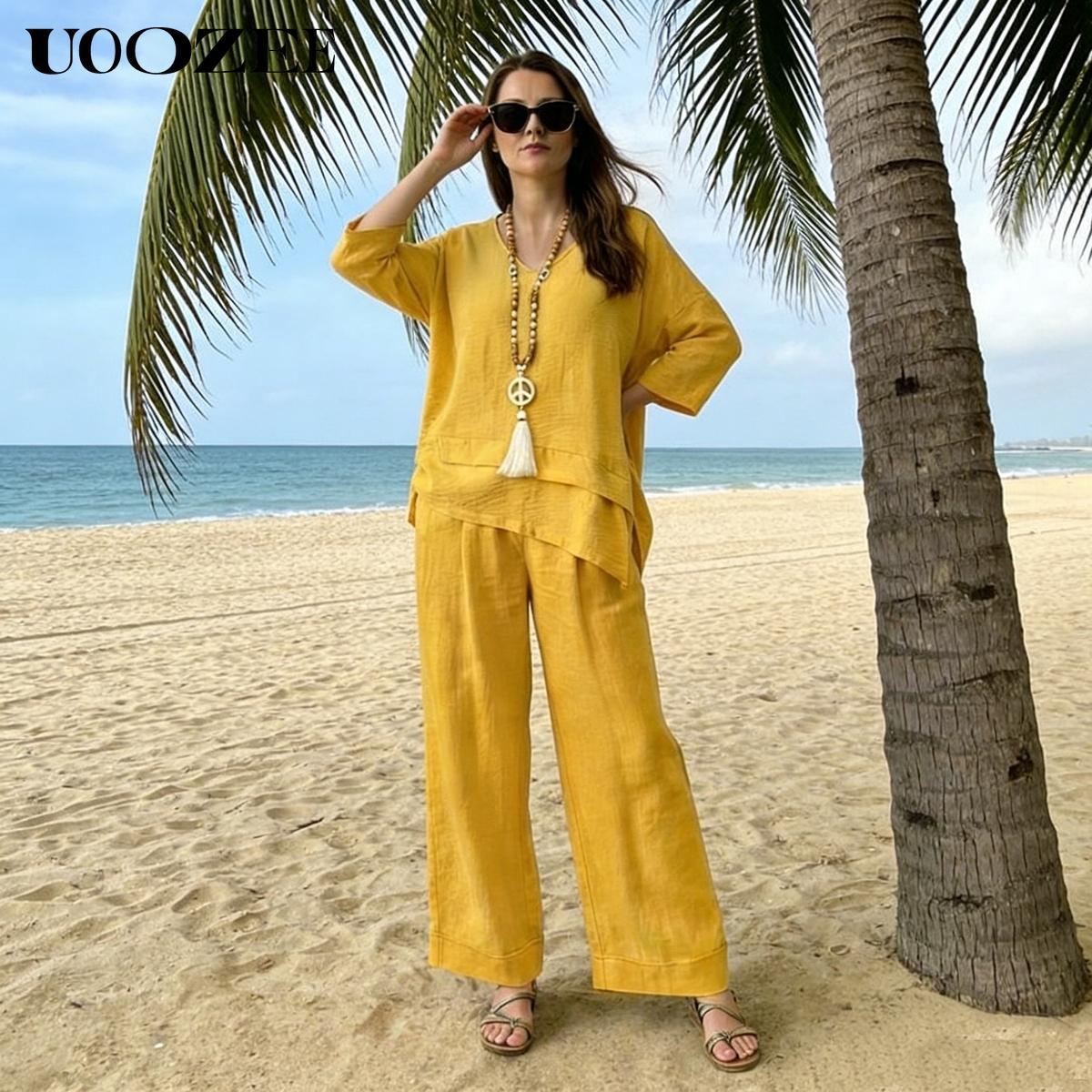 UOOZEE Women's Spring Summer Trend Look Loose Elastic Waistband with Pockets Wide Leg Pants & Oversized V-Neck Top Two-Piece Set, Spring Summer Casual/Work/Weekend Co-Ord for Women