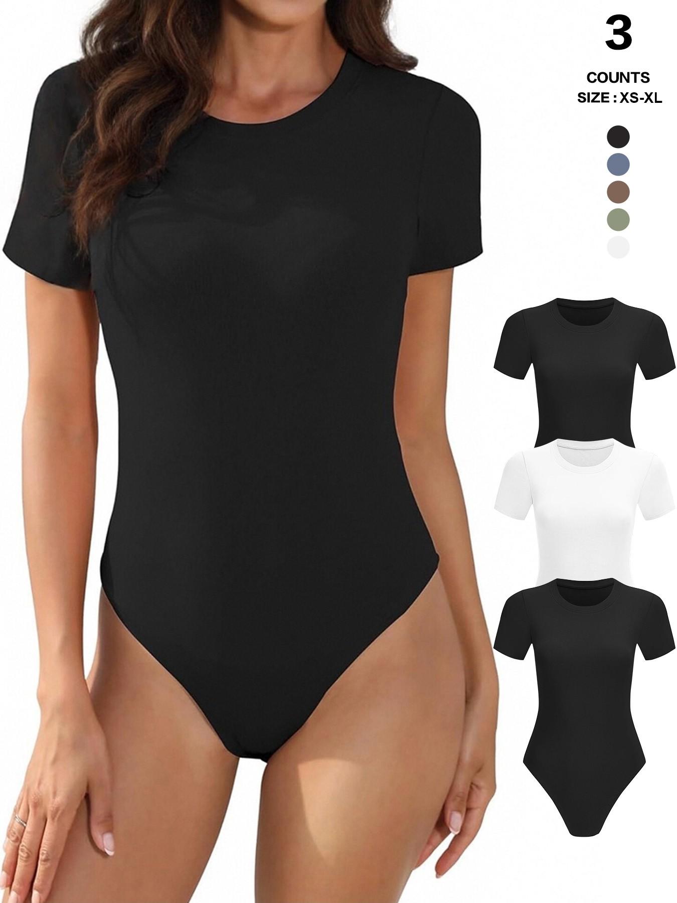 Body Suits for Womens Short Sleeve Round Neck Casual Stretchy Basic T Shirt Bodysuit Tops Underwear