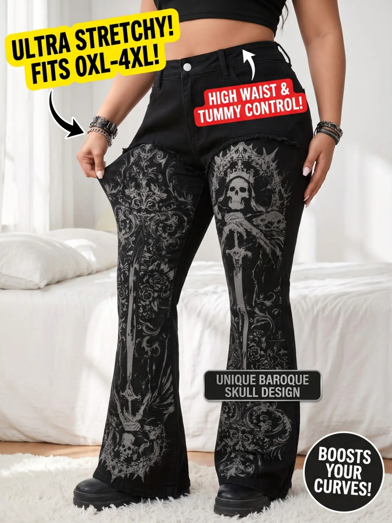 Plus Size Gothic Skull Print Stretch Button Flared Jeans, Y2K Vintage Distressed Hem, Versatile Flared Pants for Daily Casual Wear