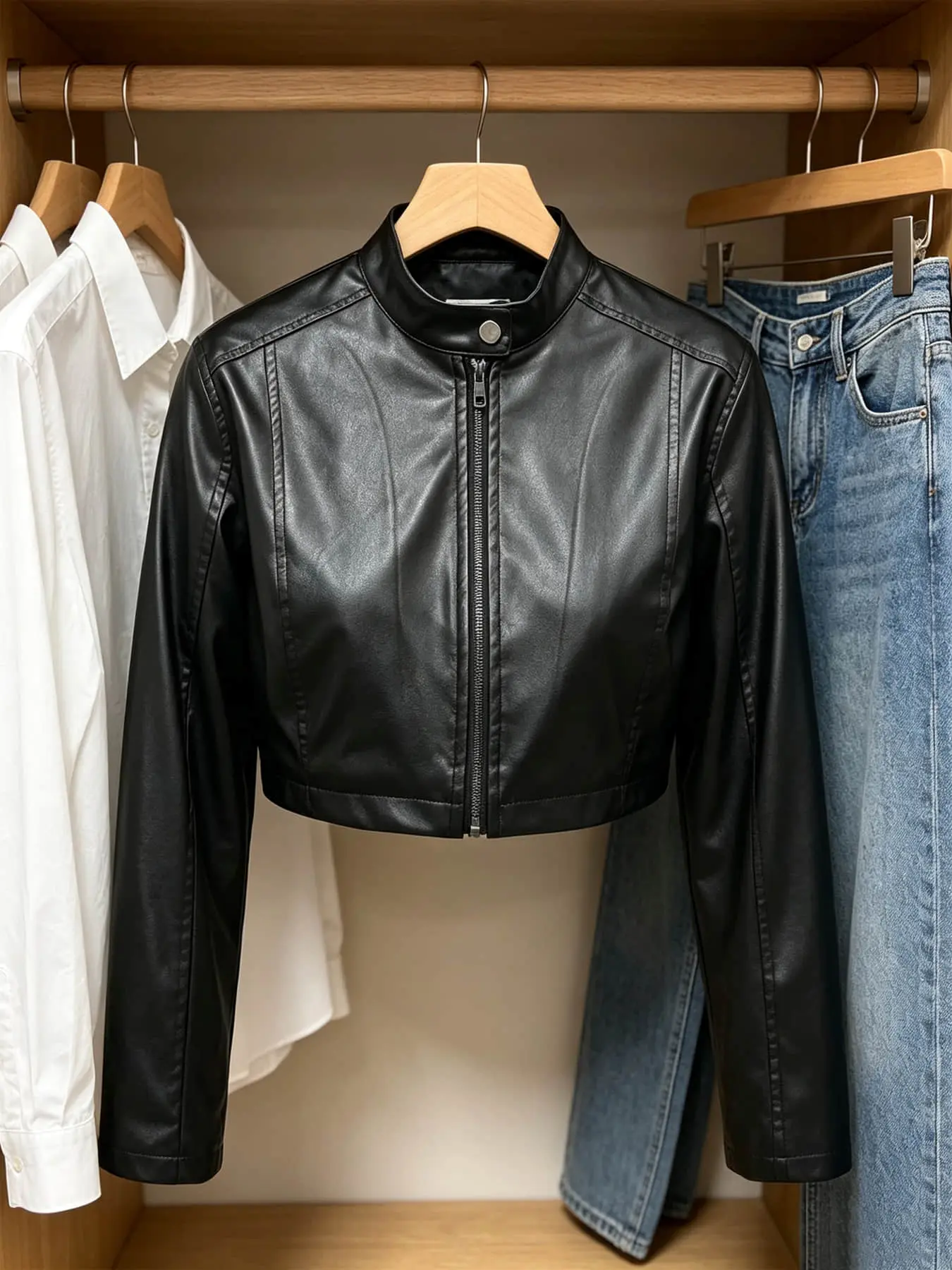 1 piece women's fashion black short jacket, Coats, sweet and cool stand-up collar zipper design, suitable for spring and autumn, ideal for commuting, casual wear, indoor and outdoor outfits