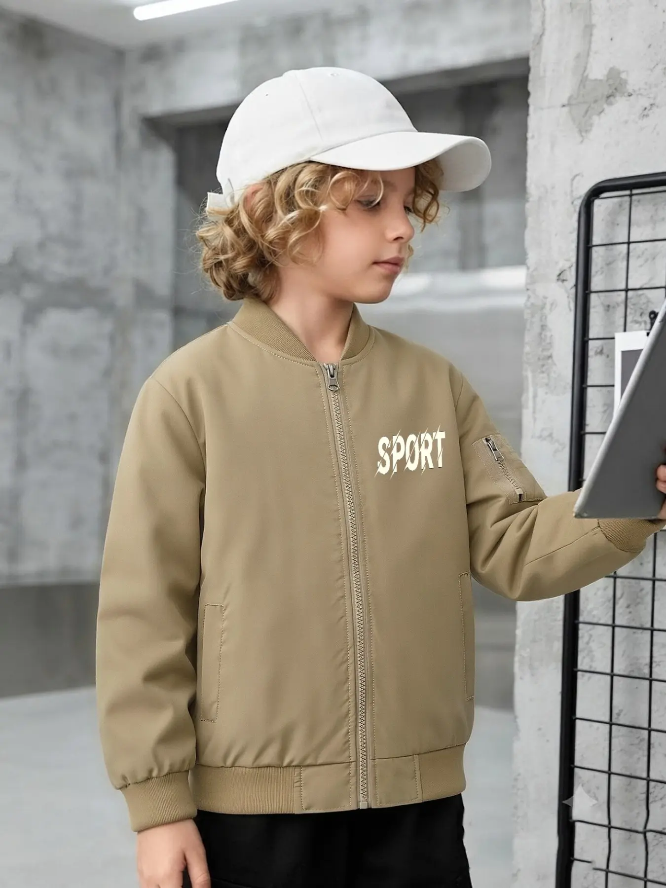 Sport Letter Stand Collar Zip Jacket, Spring & Fall, Full Zip, Zipper, Pocketed Sleeves, Trendy Print, Casual Wear