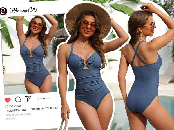 Blooming Jelly Womens Modest beach Swimsuits Tummy Control Slimming Bathing Suit 1 Piece Long Torso Swimwear