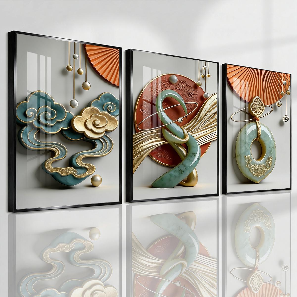 3 Counts Aluminum Alloy Framed Painting, Abstract Jade And Gold Art Sculpture Pictures, Home Decoration For Living Room, Bedroom, Office, Restaurant, Hallway Wall Decor, Odorless Print Artwork, Luxury Perfect Gift For Friends And Family