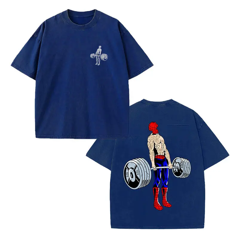 Fitness Gym Vintage Washed Distressed Blue Tee, Double Sided Print Front Chest Mini Weightlifter Line Art Back Masked Character Barbell Graphic Oversized Casual Unisex Crew Neck T-Shirt