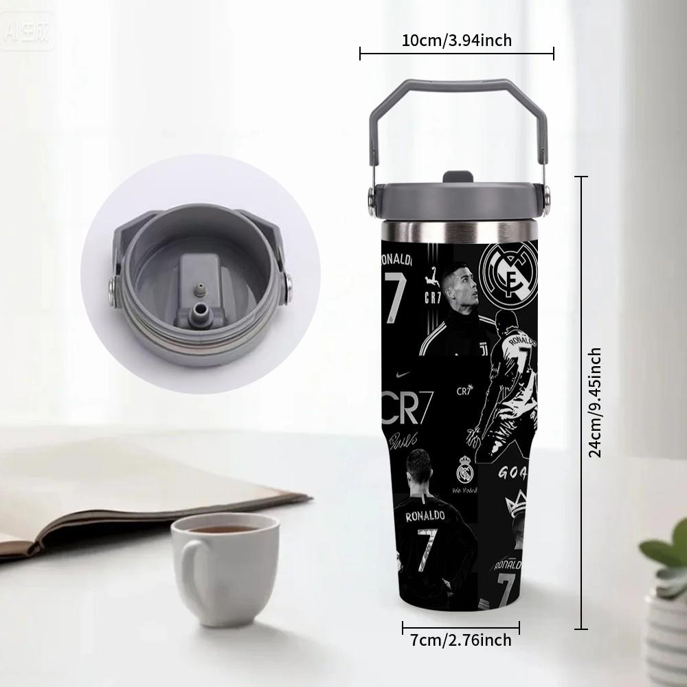 1pc C Ronaldo Print Insulated Travel Mug Tumbler, Long-Lasting Heat and Cold Retention, Stainless Steel Thermal Reusable Cup, Ideal for Fishing, Camping, Office