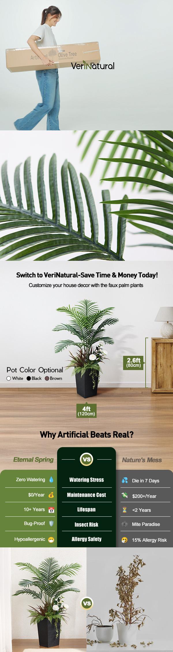 VeriNatural 4FT Mixed Fern and Palm Artificial Plants with Black Taper Planter for Indoor & Outdoor（VN148）,suitable beside the True Mirror