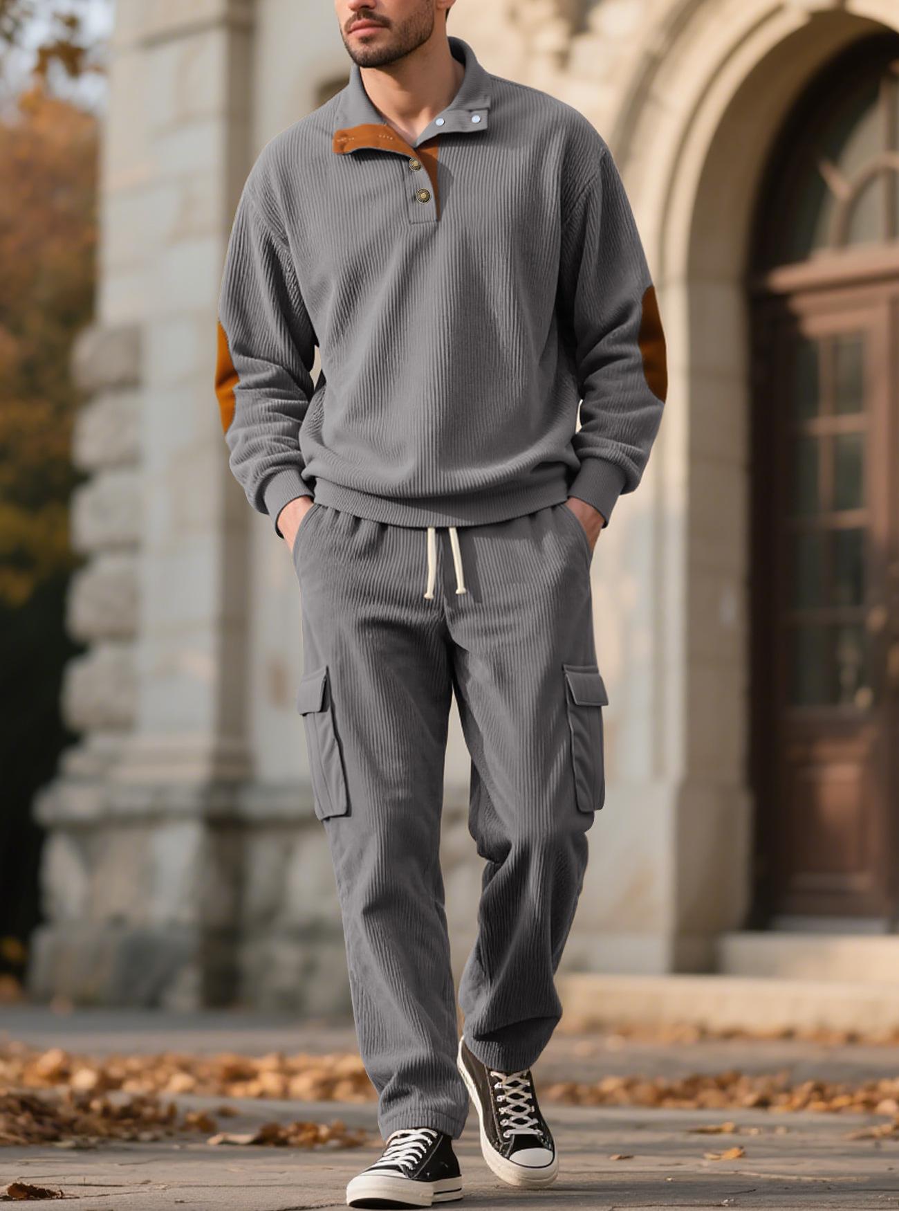 Men's Casual Sporty Corduroy Two-Piece Set (Long-Sleeve Collared Top & Loose-Fit Utility Pants) – Euro-American Style