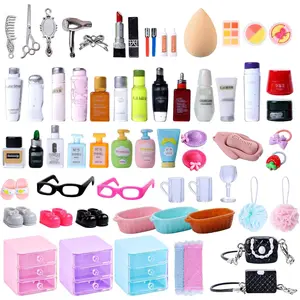76pcs Miniature Dollhouse Accessories,Dollhouse Bathroom Set with Makeup Set Towel Toothbrush Shampoo Toiletries Set,Miniature Stuff Jewelry Storage Case Perfume Shoes Backpack for Girl Micro Scene