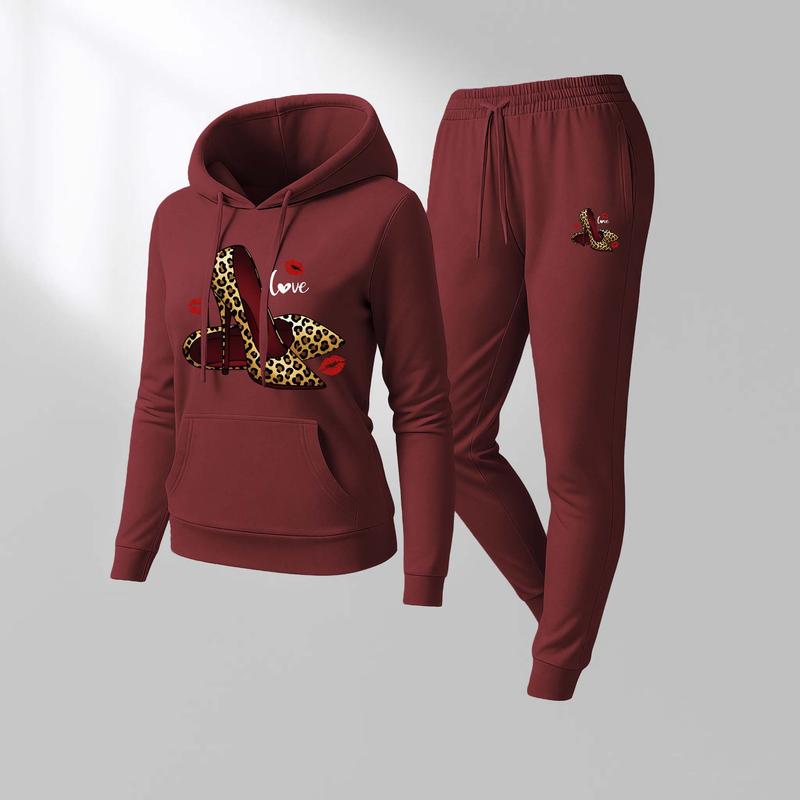 Women's Leopard Print Love High Heels Hoodie And Drawstring Track Pants Set, Casual Sportswear, Long-Sleeved Hooded Jacket And Pants, Suitable For Autumn And Winter, Everyday Wear, Indoor And Outdoor Sportswear, Casual Sportswear.