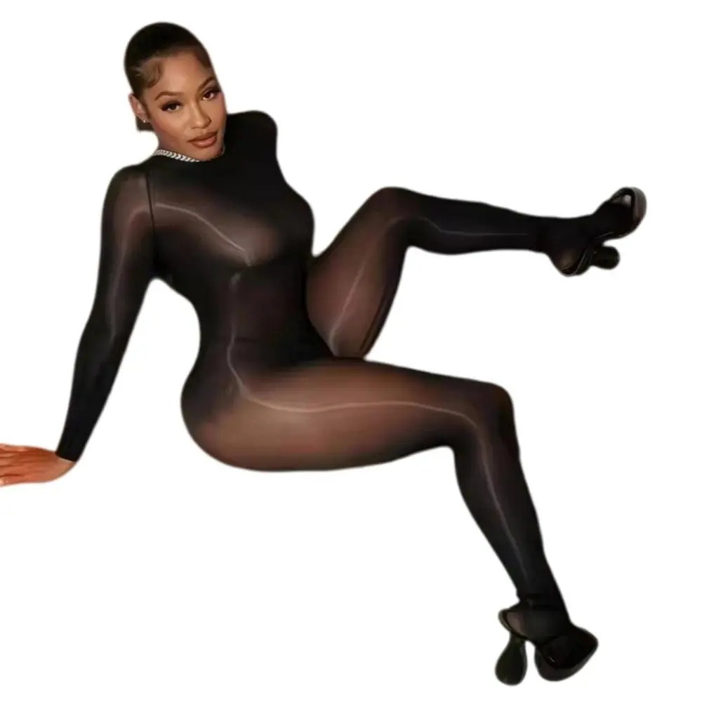 FAGADOER Summer New Sexy Mesh See Through Bodycon Jumpsuit Woman Long Sleeved Round Neck Rompers Female Party Club Overalls