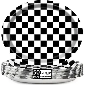 50 PCS Black and White Plaid Oval Paper Plates Large 11" Disposable Racing Car Party Decorations Black Checkered Supplies Favor for BBQ Picnic Birthday Party Tableware Set