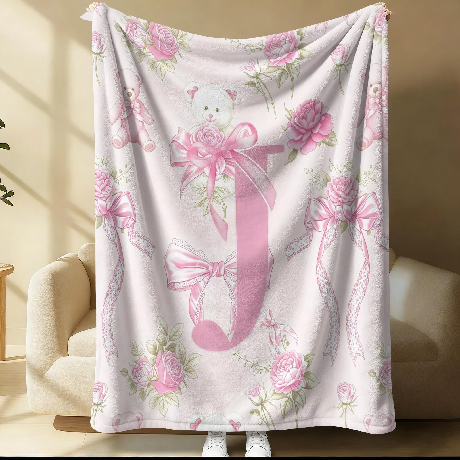 Pink Coquette Initial Letter Throw Blanket, Soft Fuzzy Plush, Teddy Bear & Rose Floral, Girly Bow Print, Lightweight for Couch Bed Office, All Seasons, Aesthetic Room Decor, Perfect Gift