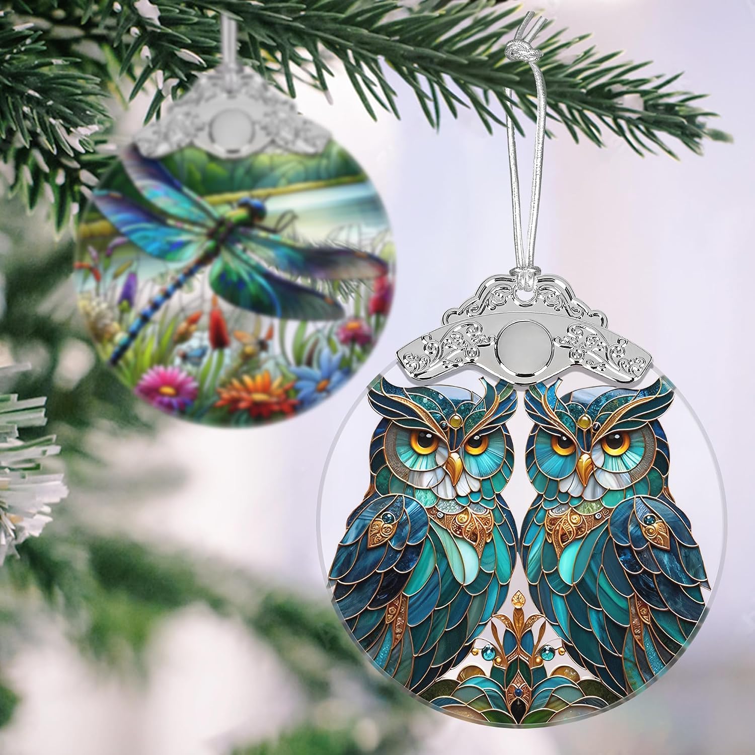 Stained Glass Owl Christmas Ornament - Two Owls, Holiday Decoration for Tree,  Idea