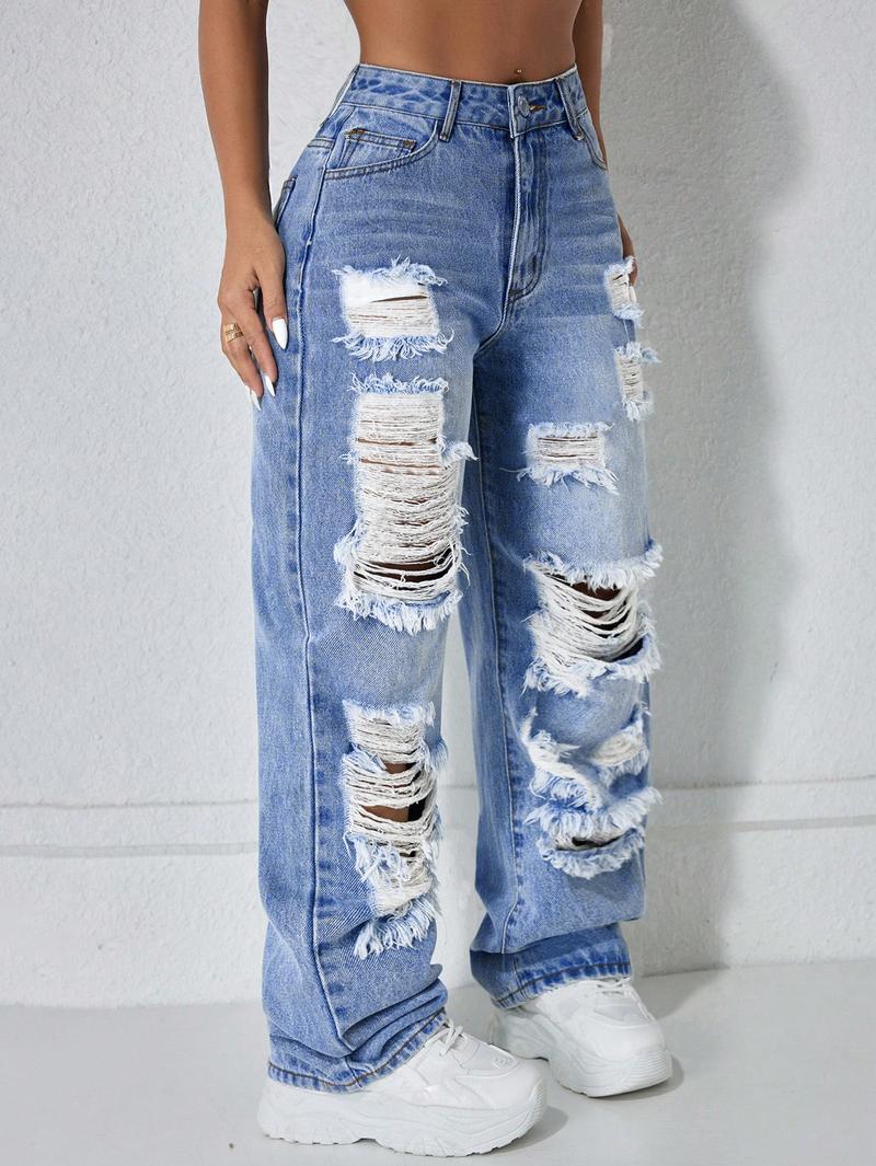 Elegant Fashion Street Style High Waist Ripped Denim Jeans, Spring Summer Fall Women's Loose Straight Leg Pants, Trendy Casual Wear